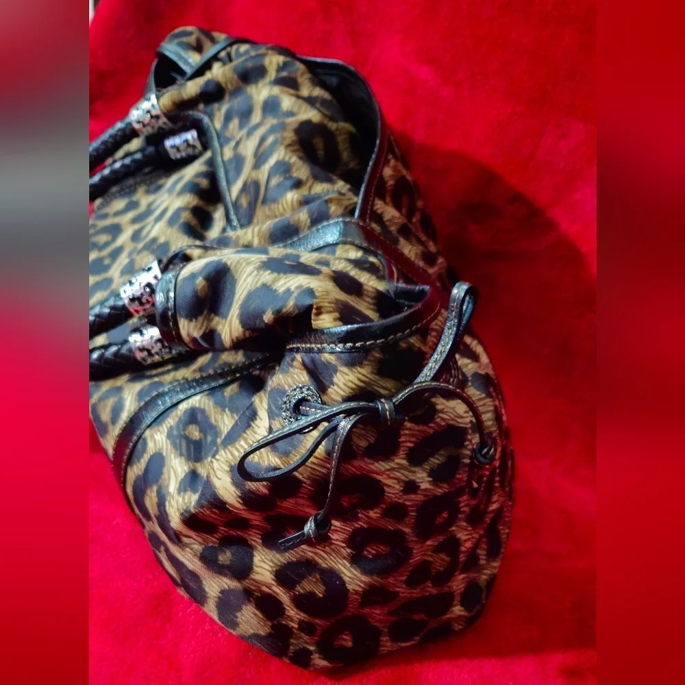 Brighton Leopard Print Nylon with Black Patent Leather Trim Shoulder Bag